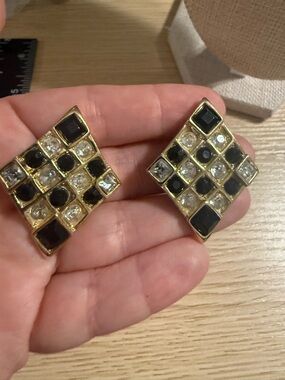 Gold-Tone Black and Clear Square Grid Stud Clip On Vintage Earrings